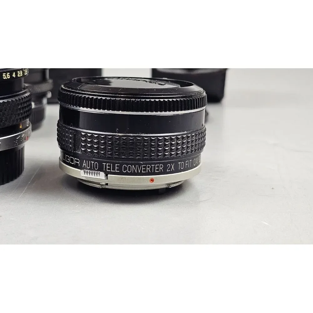 Olympus OM-1 35mm SLR Film Camera with 3 Lenses, Auto Tele Converter, Power Wind